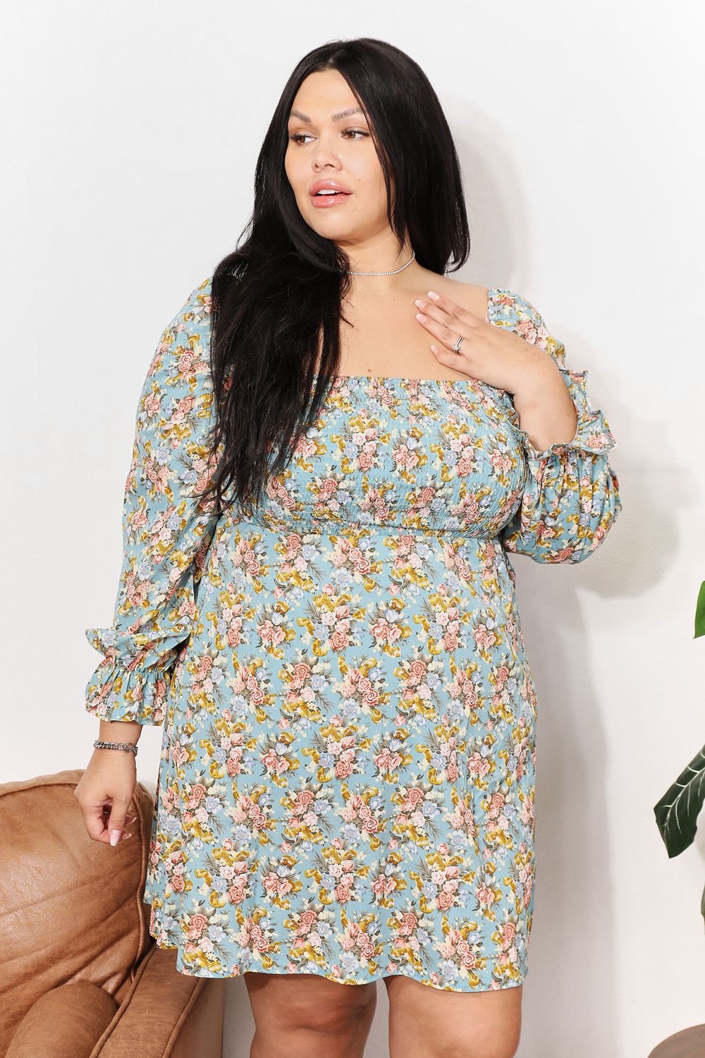 She Wears Glory™ “Eden Bloom” Honey Floral Smocked Flounce Sleeve Square Neck Dress - She Wears Glory Beverly Hills
