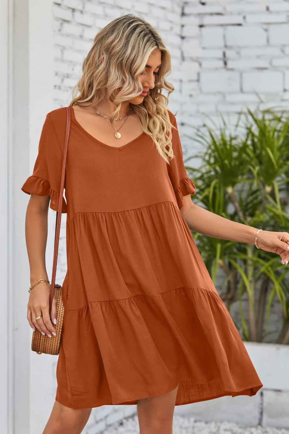 She Wears Glory™ Mandy V-Neck Flounce Sleeve Tiered Dress - She Wears Glory Beverly Hills