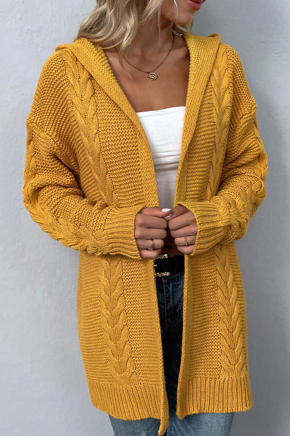 She Wears Glory™ Cable-Knit Dropped Shoulder Hooded Cardigan - She Wears Glory Beverly Hills