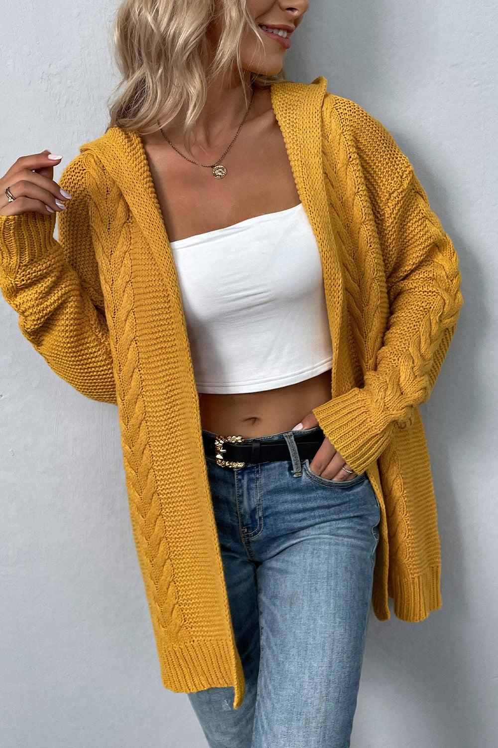 She Wears Glory™ Cable-Knit Dropped Shoulder Hooded Cardigan - She Wears Glory Beverly Hills