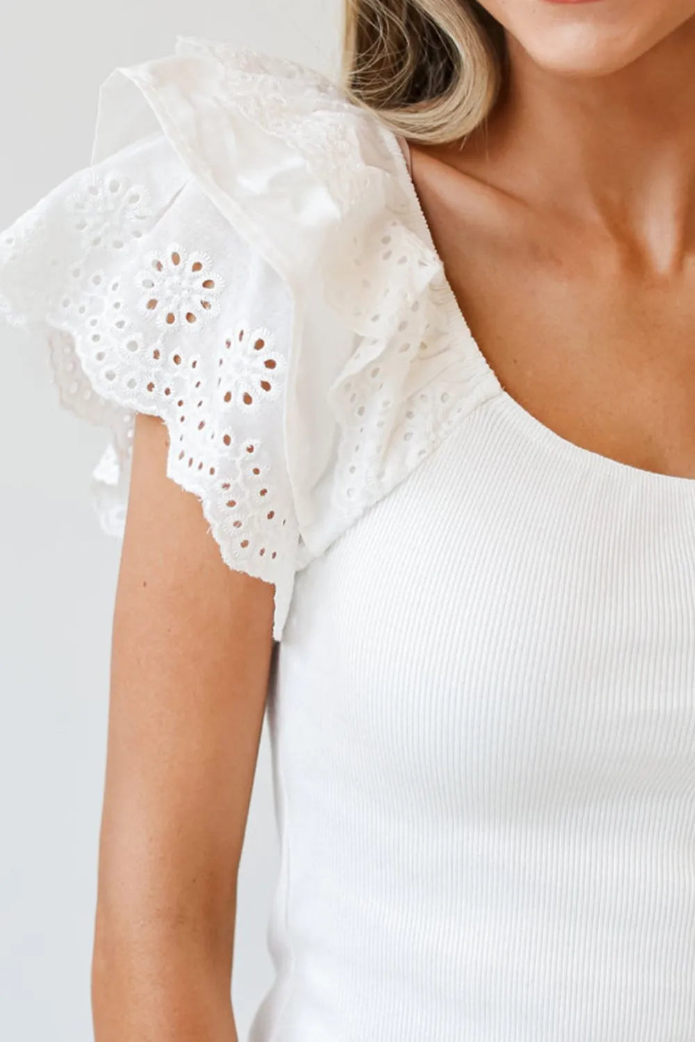 She Wears Glory™ Abigail Eyelet Ruffle Slim Top in Lily White - She Wears Glory Beverly Hills