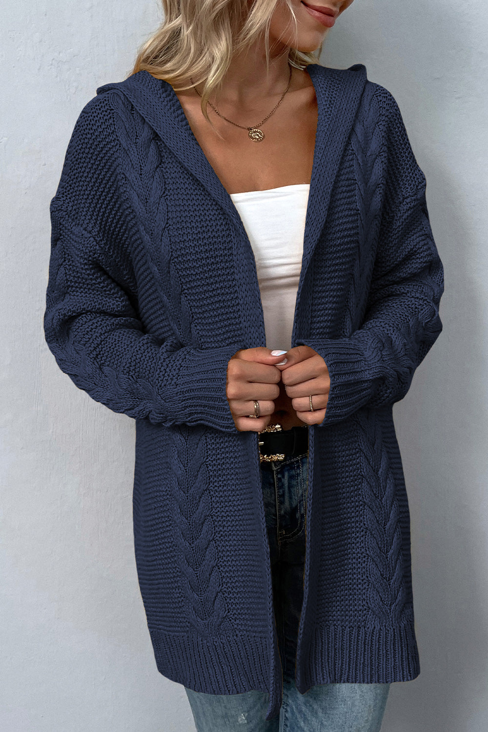 She Wears Glory™ Cable-Knit Dropped Shoulder Hooded Cardigan - She Wears Glory Beverly Hills
