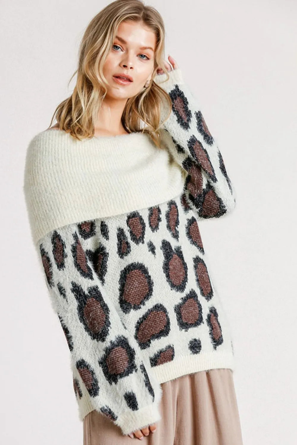 She Wears Glory™ Leopard Off-Shoulder Long Sleeve Sweater - She Wears Glory Beverly Hills