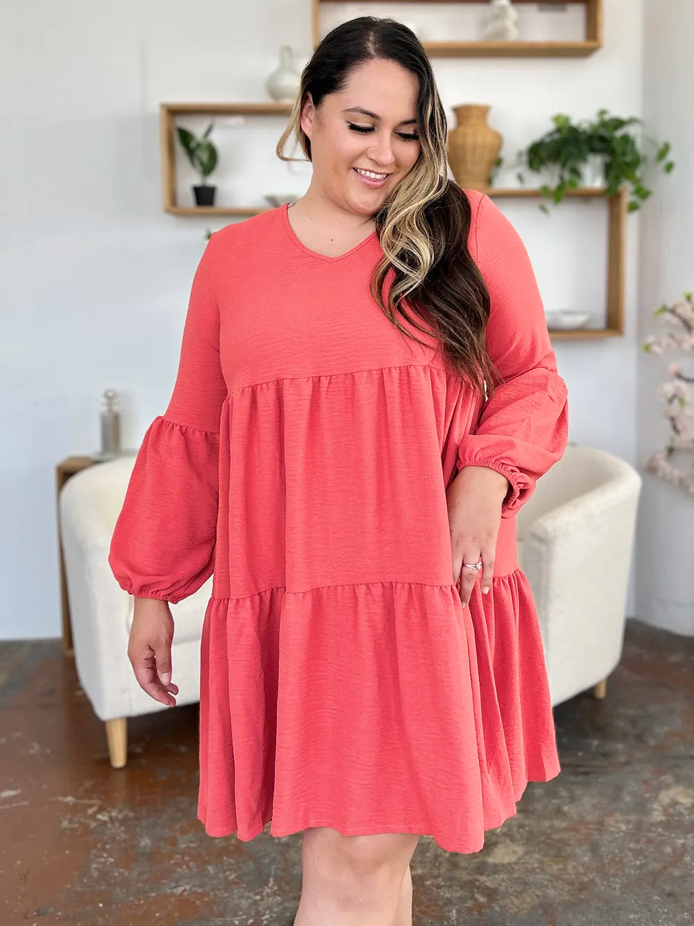 She Wears Glory™ Double Take V-Neck Balloon Sleeve Tiered Dress with Pockets - She Wears Glory Beverly Hills