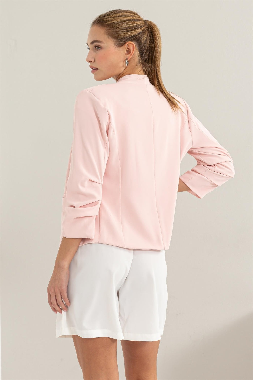 She Wears Glory “Grace in Motion” Ruched Sleeve Open Front Blazer - She Wears Glory Beverly Hills
