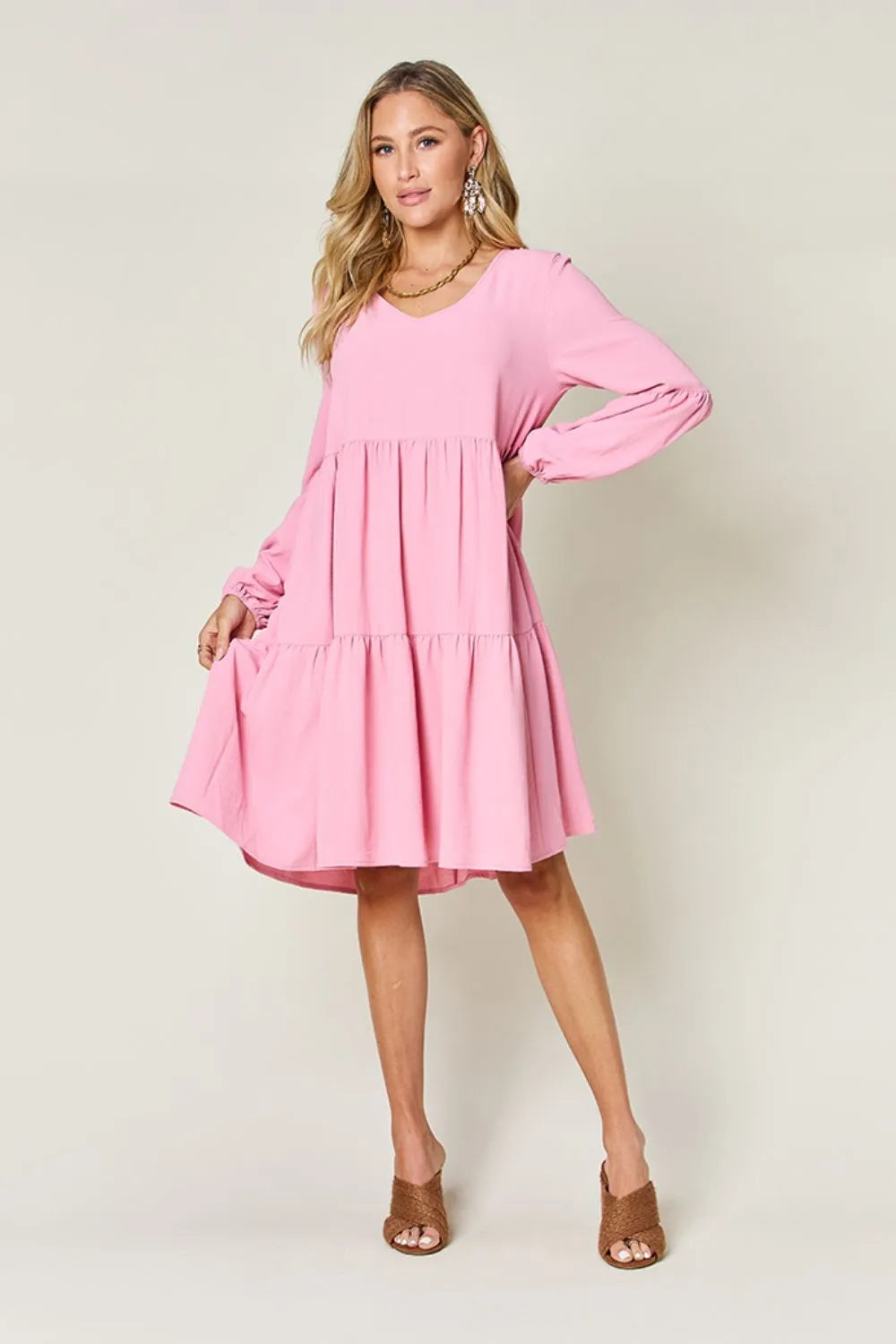 She Wears Glory™ Double Take V-Neck Balloon Sleeve Tiered Dress with Pockets - She Wears Glory Beverly Hills