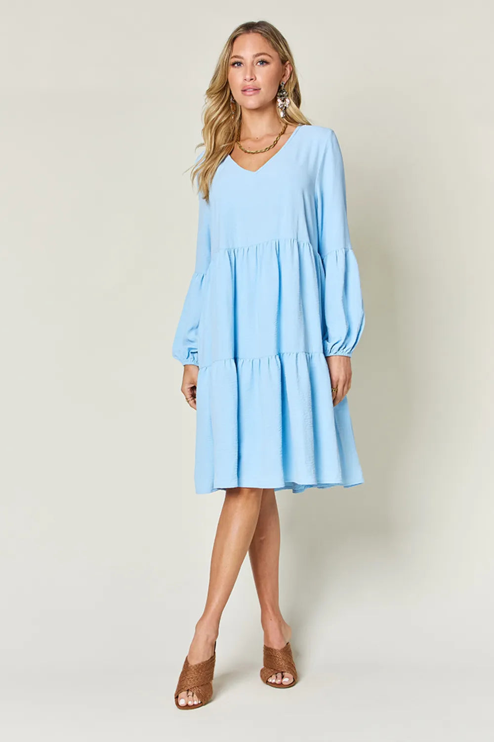 She Wears Glory™ Double Take V-Neck Balloon Sleeve Tiered Dress with Pockets - She Wears Glory Beverly Hills