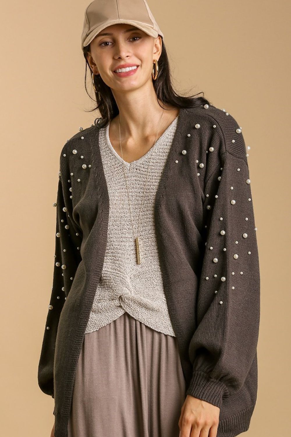 She Wears Glory™ “Crowned in Grace” Pearl-Trimmed Open Cardigan - She Wears Glory Beverly Hills