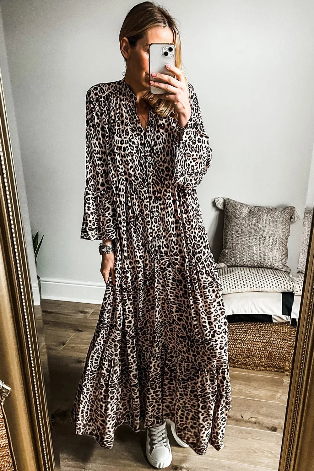 She Wears Glory “Jael” Leopard Notched Long Sleeve Maxi Dress - She Wears Glory Beverly Hills