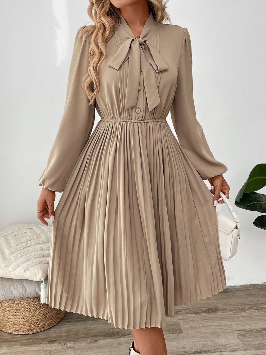 She Wears Glory™ – The Adorned Mantle Dress (Pleated Tie-Neck Long Sleeve Dress) - She Wears Glory Beverly Hills