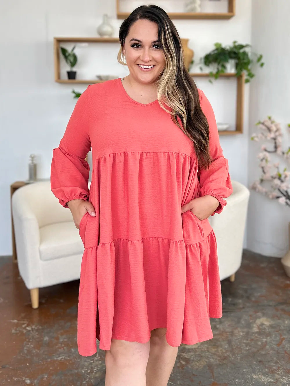 She Wears Glory™ Double Take V-Neck Balloon Sleeve Tiered Dress with Pockets - She Wears Glory Beverly Hills