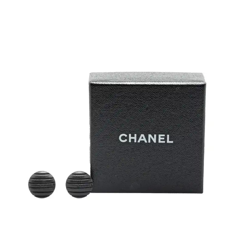 Chanel Wood Logo Button Push Back Earrings