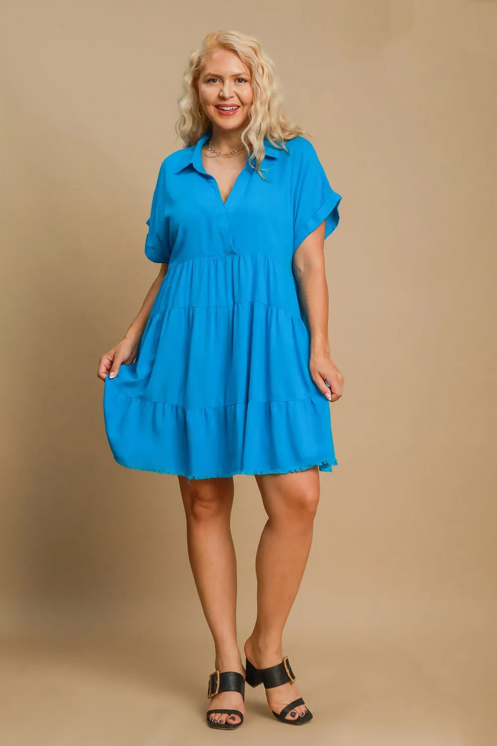 She Wears Glory™ Raw Hem Folded Sleeve Tiered Dress - She Wears Glory Beverly Hills