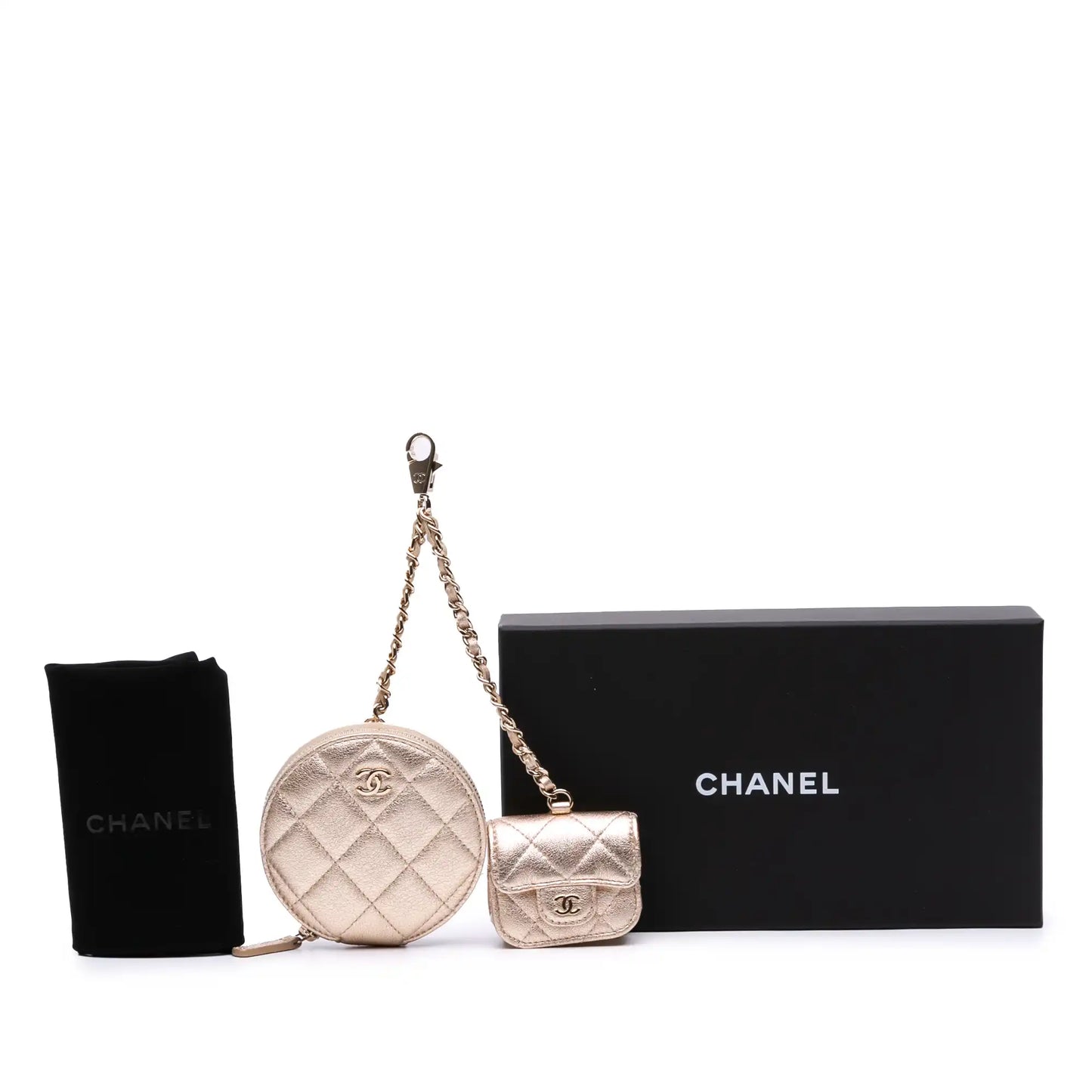 Chanel Metallic Quilted Lambskin Round Clip On Coin Purse Airpods Case