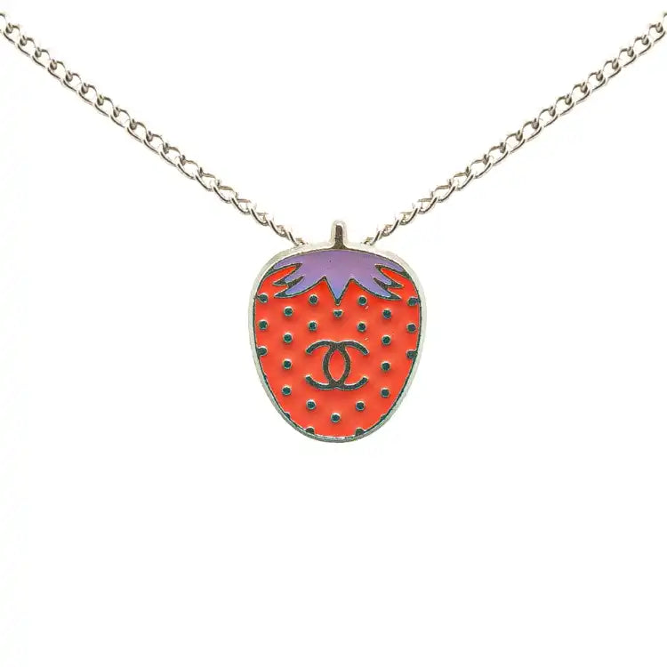 Chanel Silver Plated Enamel CC Strawberry Charm Pendant Necklace