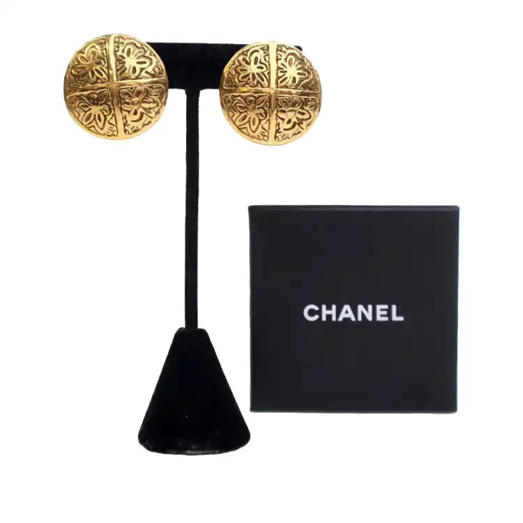 Chanel Gold Plated Camellia Cross Dome Clip on Earrings
