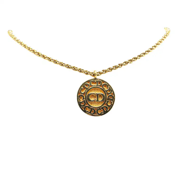 Dior Gold Plated Logo Round Pendant Necklace