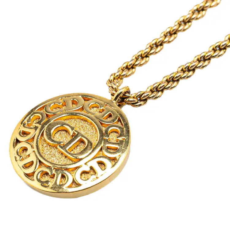 Dior Gold Plated Logo Round Pendant Necklace