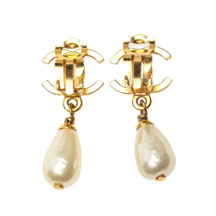 Chanel Gold Plated CC Faux Pearl Drop Clip on Earrings