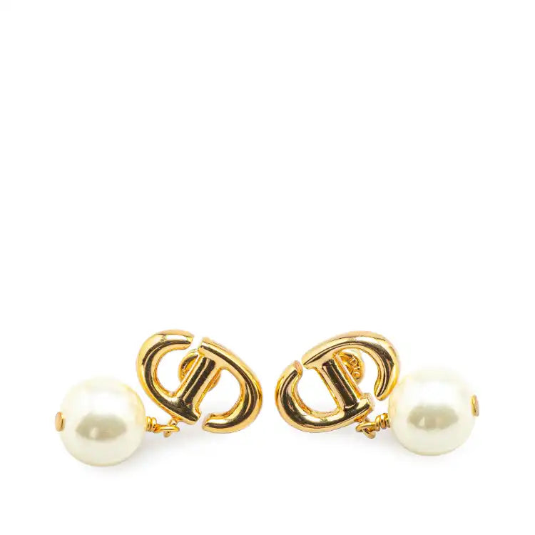 Dior Gold Plated Faux Pearl CD Navy Push Back Earrings