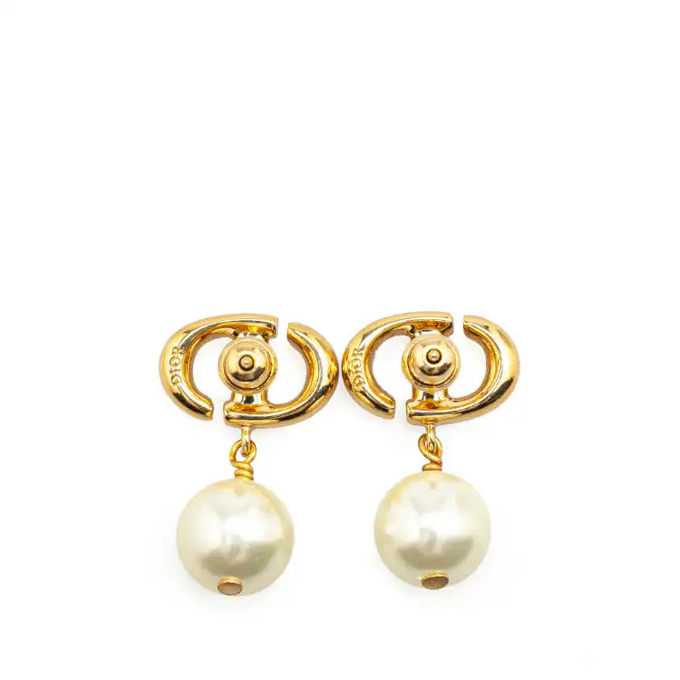 Dior Gold Plated Faux Pearl CD Navy Push Back Earrings
