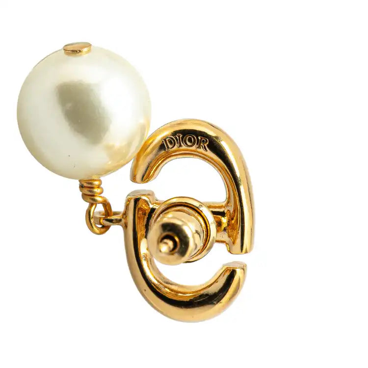 Dior Gold Plated Faux Pearl CD Navy Push Back Earrings