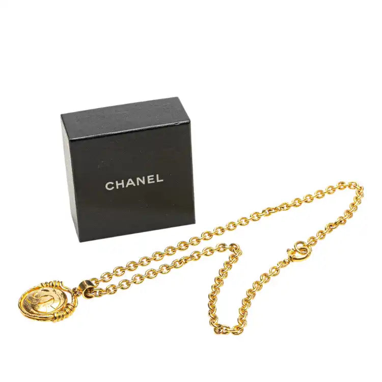 Chanel Gold Plated CC Round Mirror Pendant Necklace