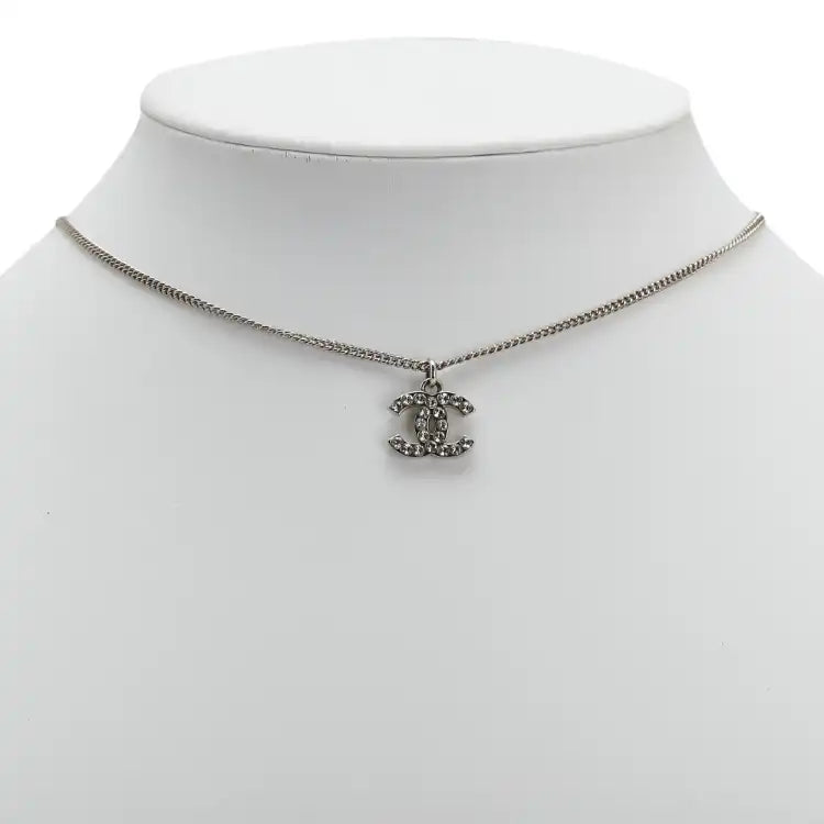 Chanel Silver Plated CC Rhinestones Pendant Necklace