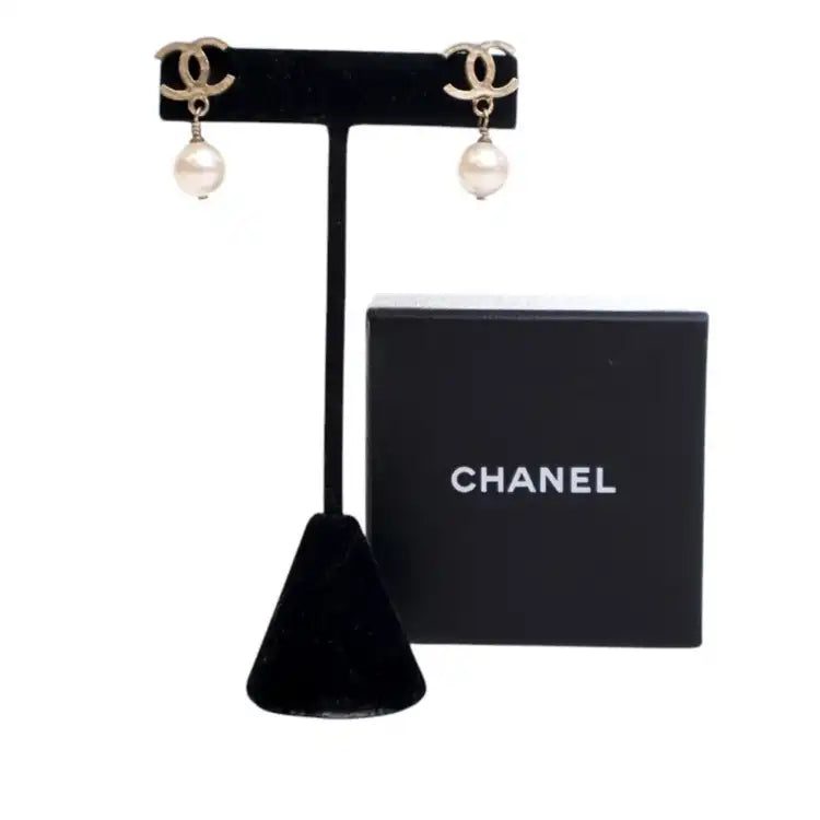 Chanel Gold Plated CC Faux Pearl Drop Push Back Earrings