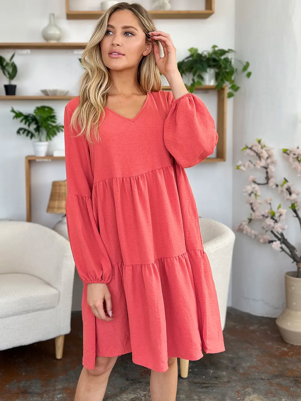 She Wears Glory™ Double Take V-Neck Balloon Sleeve Tiered Dress with Pockets - She Wears Glory Beverly Hills