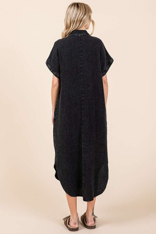 She Wears Glory™ Mineral Wash Midi Shirt Dress – Worn-In Grace, Buttoned in Strength - She Wears Glory Beverly Hills