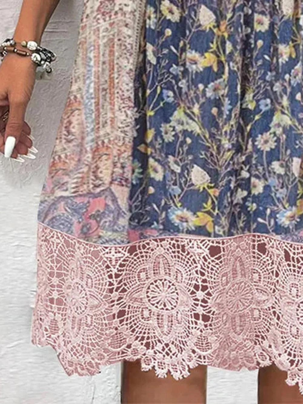 She Wears Glory™ Lace Detail Printed Three-Quarter Sleeve Dress - She Wears Glory Beverly Hills