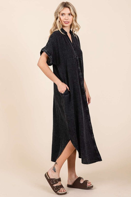 She Wears Glory™ Mineral Wash Midi Shirt Dress – Worn-In Grace, Buttoned in Strength - She Wears Glory Beverly Hills
