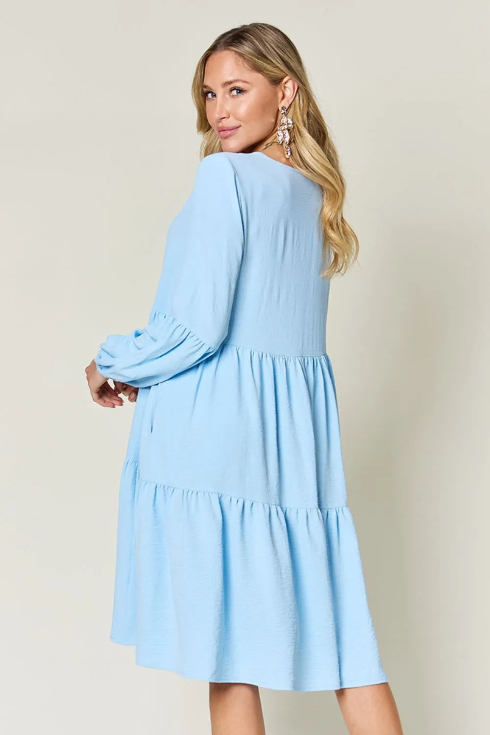 She Wears Glory™ Double Take V-Neck Balloon Sleeve Tiered Dress with Pockets - She Wears Glory Beverly Hills