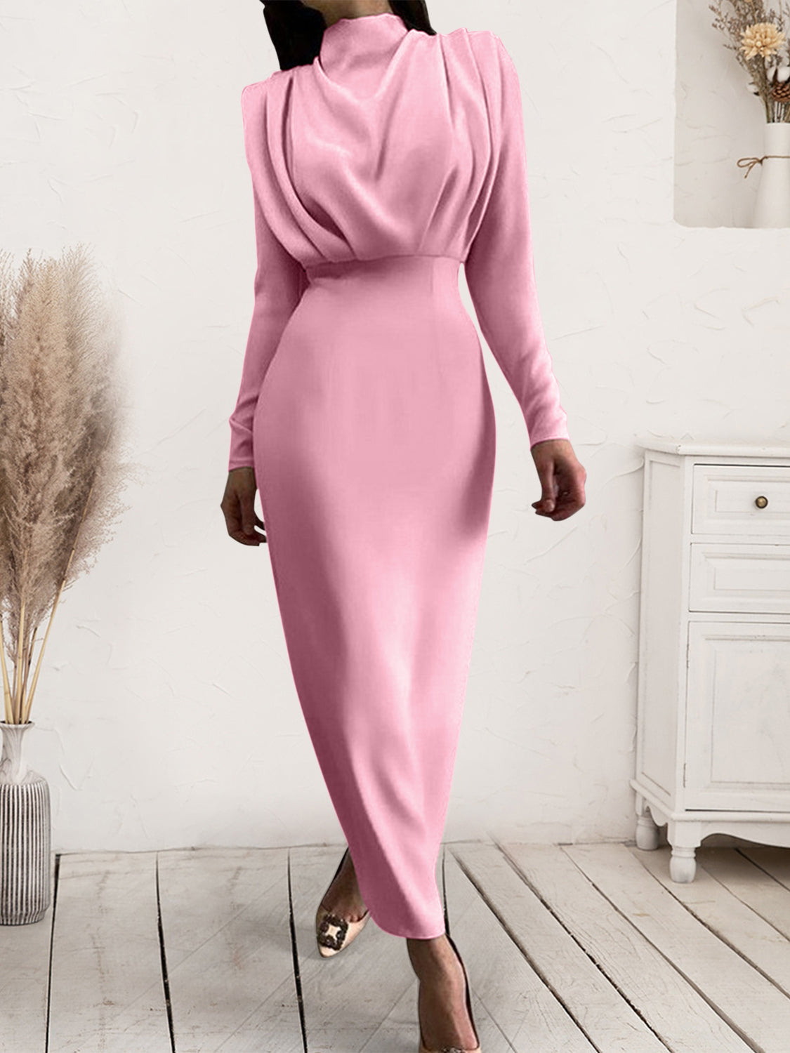 She Wears Glory™ “Majestic Dignity” Ruched Turtleneck Long Sleeve Dress - She Wears Glory Beverly Hills