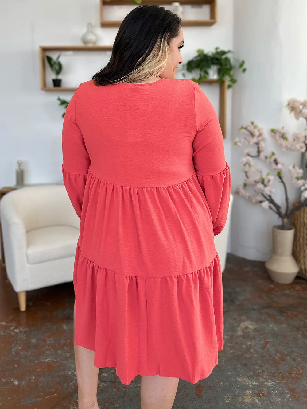 She Wears Glory™ Double Take V-Neck Balloon Sleeve Tiered Dress with Pockets - She Wears Glory Beverly Hills