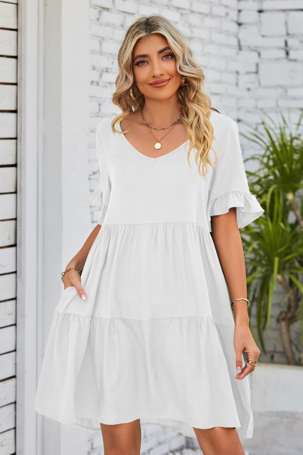 She Wears Glory™ Mandy V-Neck Flounce Sleeve Tiered Dress - She Wears Glory Beverly Hills