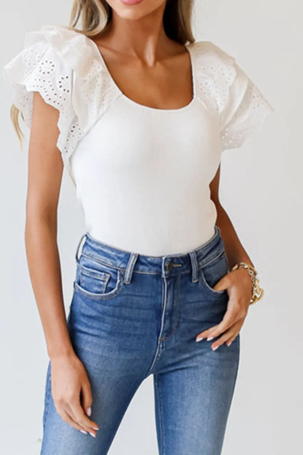 She Wears Glory™ Abigail Eyelet Ruffle Slim Top in Lily White - She Wears Glory Beverly Hills