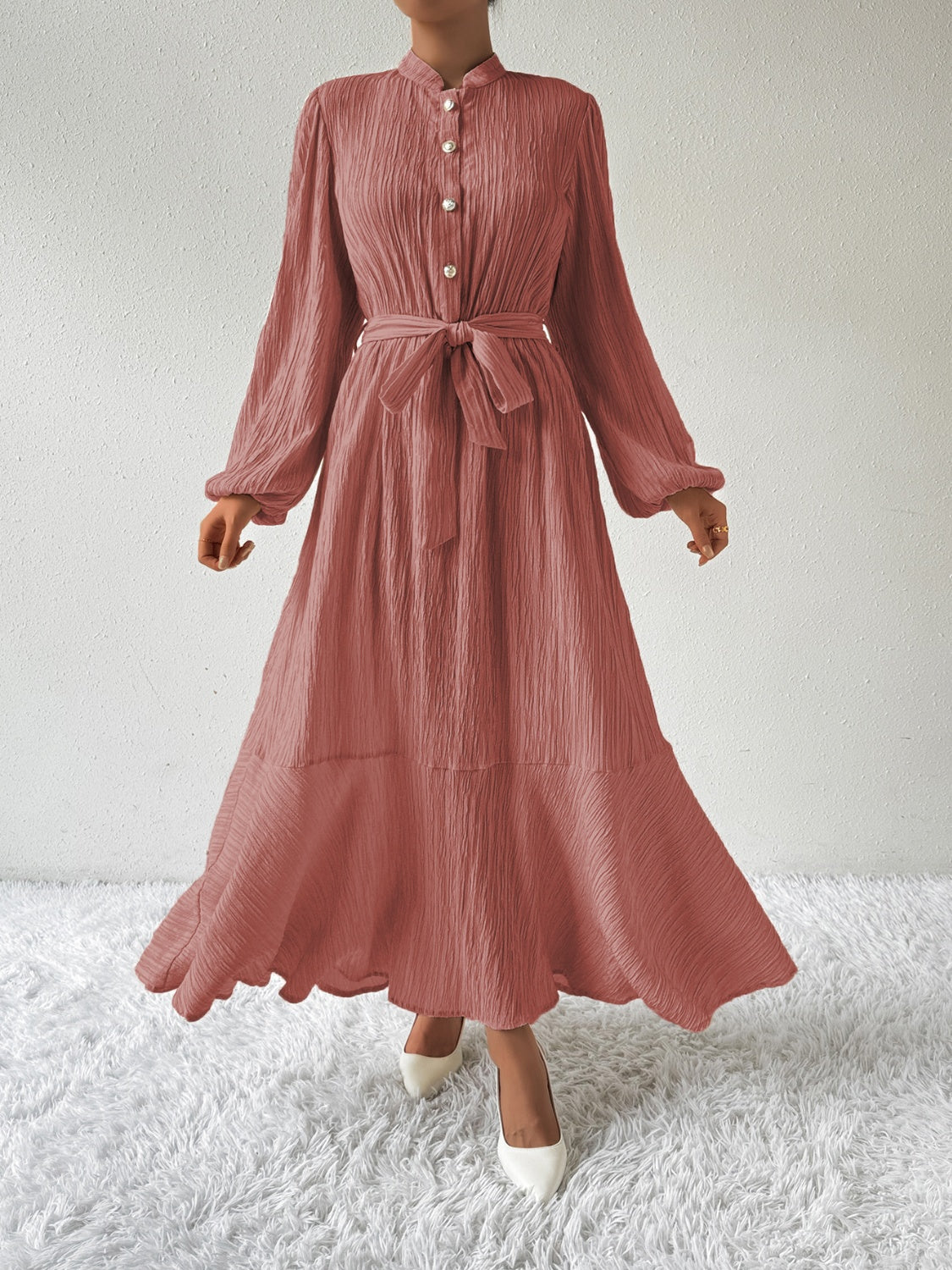 She Wears Glory™ “Honeyed Honor” Tie Waist Long Sleeve Dress - She Wears Glory Beverly Hills