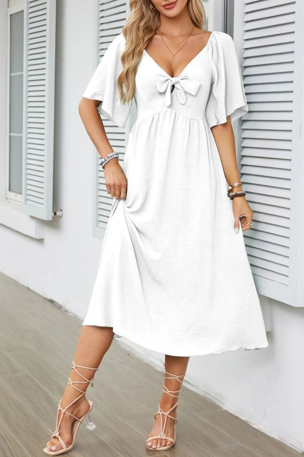 Smocked Tie Front Flutter Sleeve Midi Dress - She Wears Glory Beverly Hills