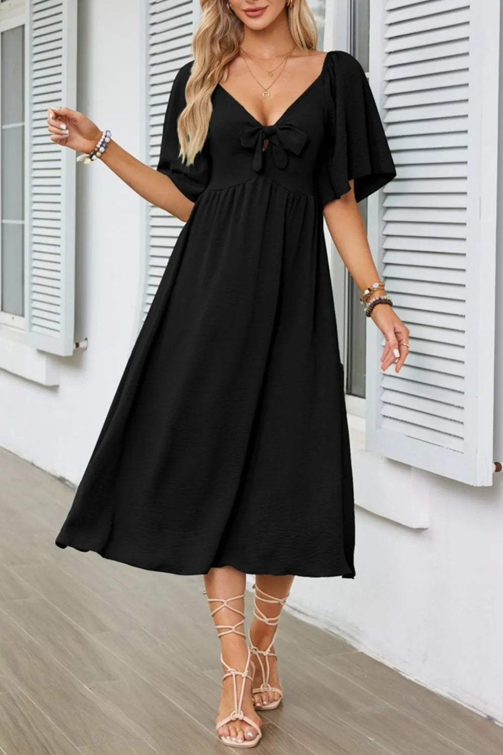 Smocked Tie Front Flutter Sleeve Midi Dress - She Wears Glory Beverly Hills