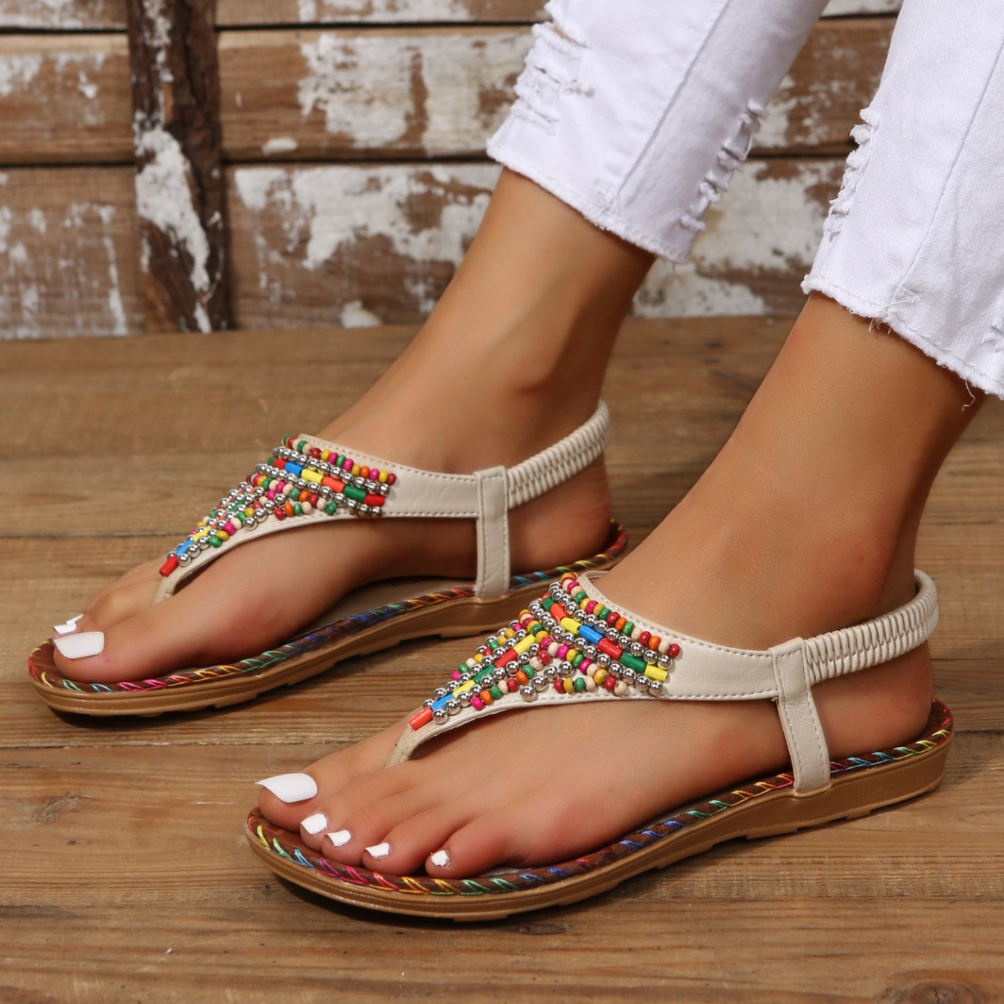She Wears Glory™ — Graceful Steps Beaded PU Leather Open Toe Sandals - She Wears Glory Beverly Hills