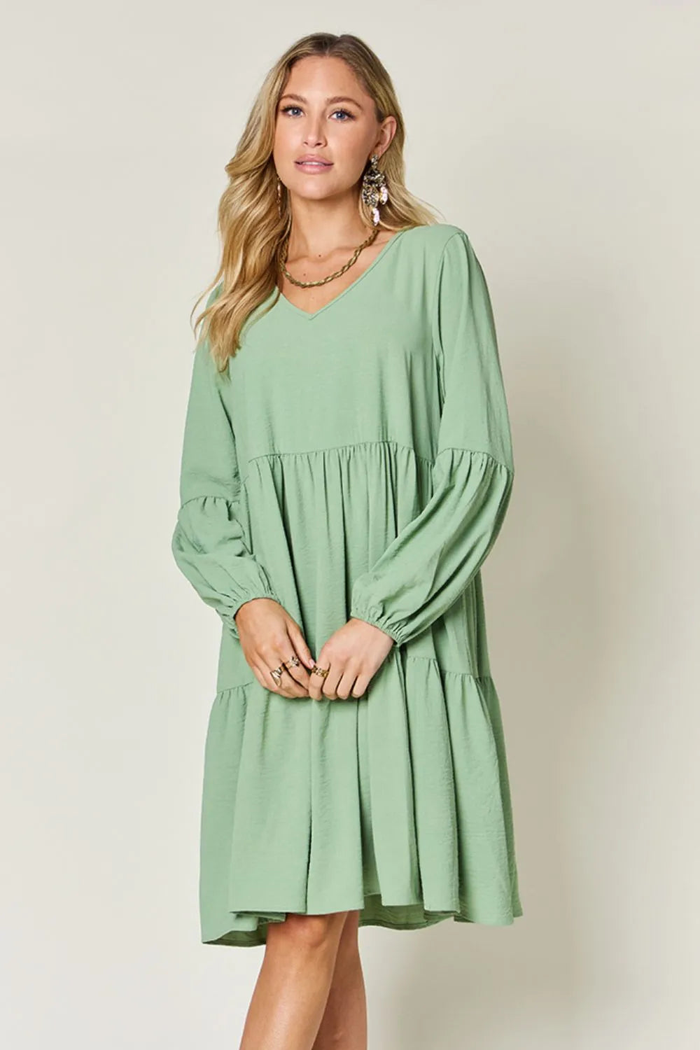She Wears Glory™ Double Take V-Neck Balloon Sleeve Tiered Dress with Pockets - She Wears Glory Beverly Hills
