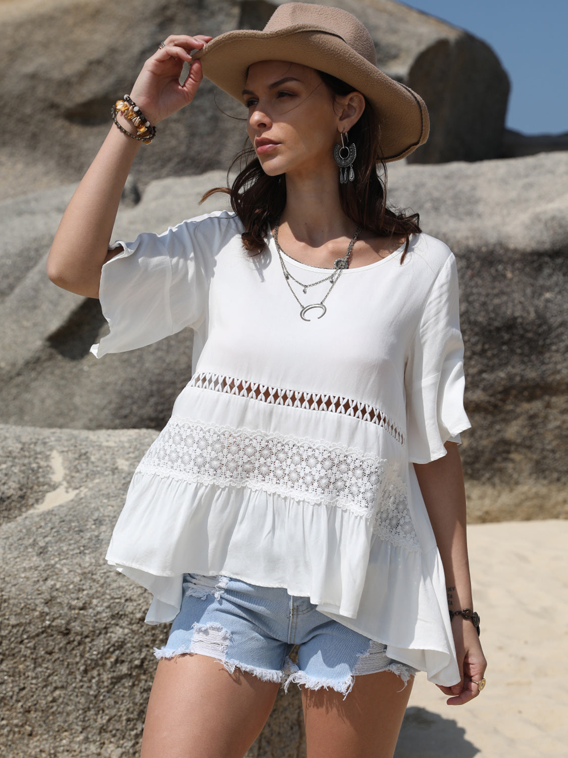 She Wears Glory™ — Sanctified in Softness Lace Detail Blouse - She Wears Glory Beverly Hills