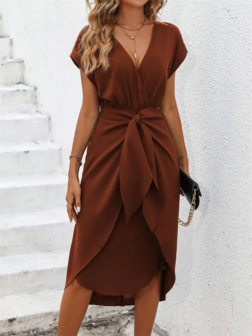 She Wears Glory™ Salome Surplice Grace Dress in Dusty Rose - She Wears Glory Beverly Hills