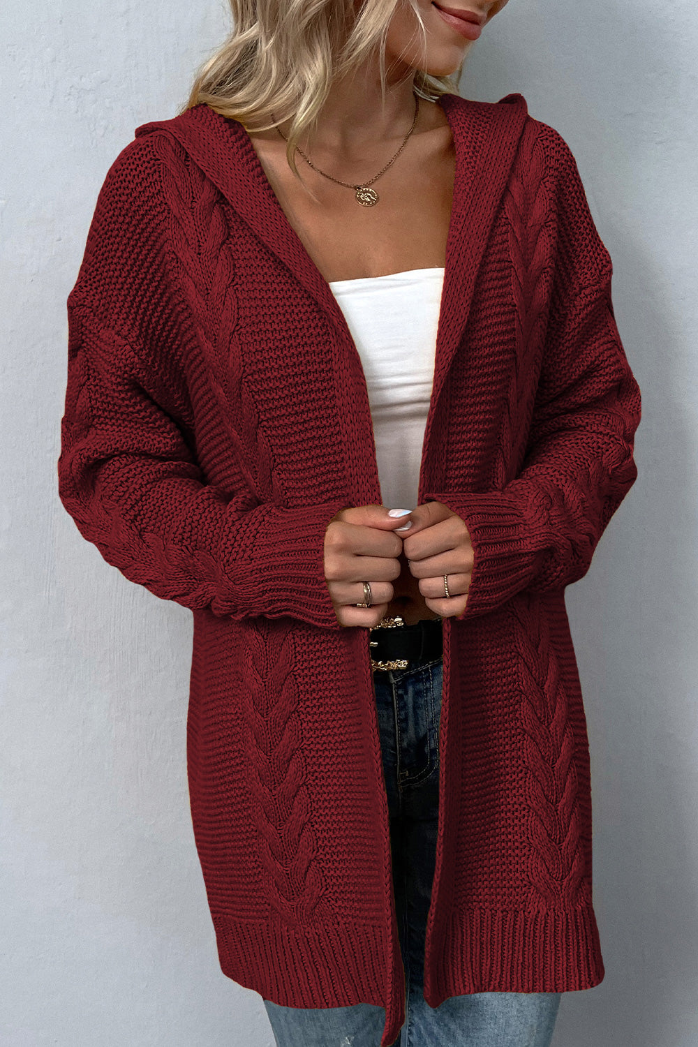 She Wears Glory™ Cable-Knit Dropped Shoulder Hooded Cardigan - She Wears Glory Beverly Hills