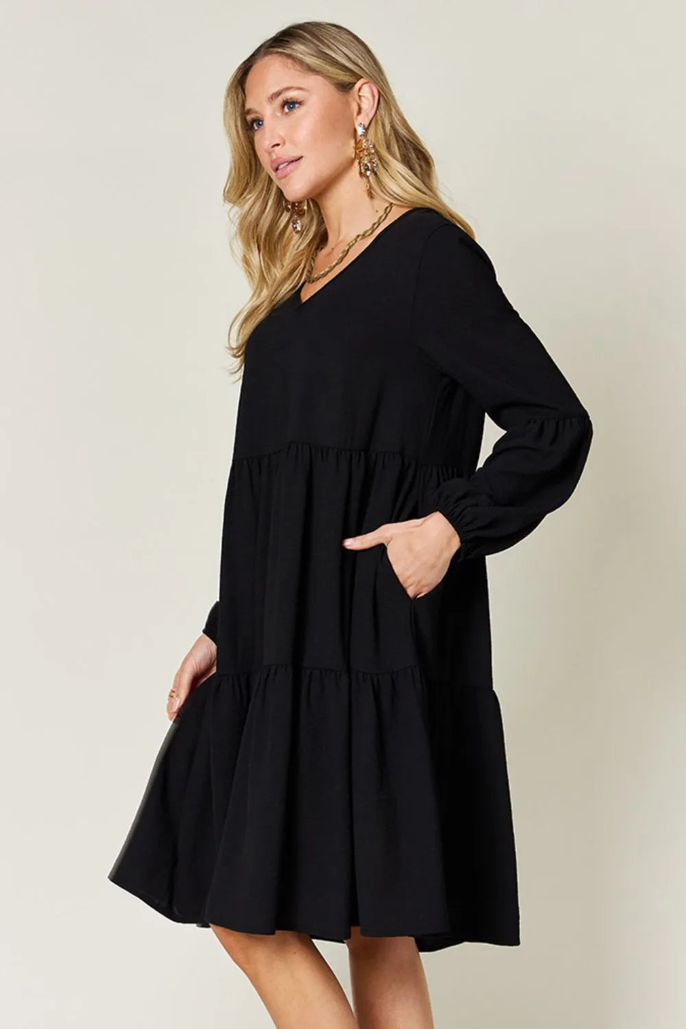 She Wears Glory™ Double Take V-Neck Balloon Sleeve Tiered Dress with Pockets - She Wears Glory Beverly Hills