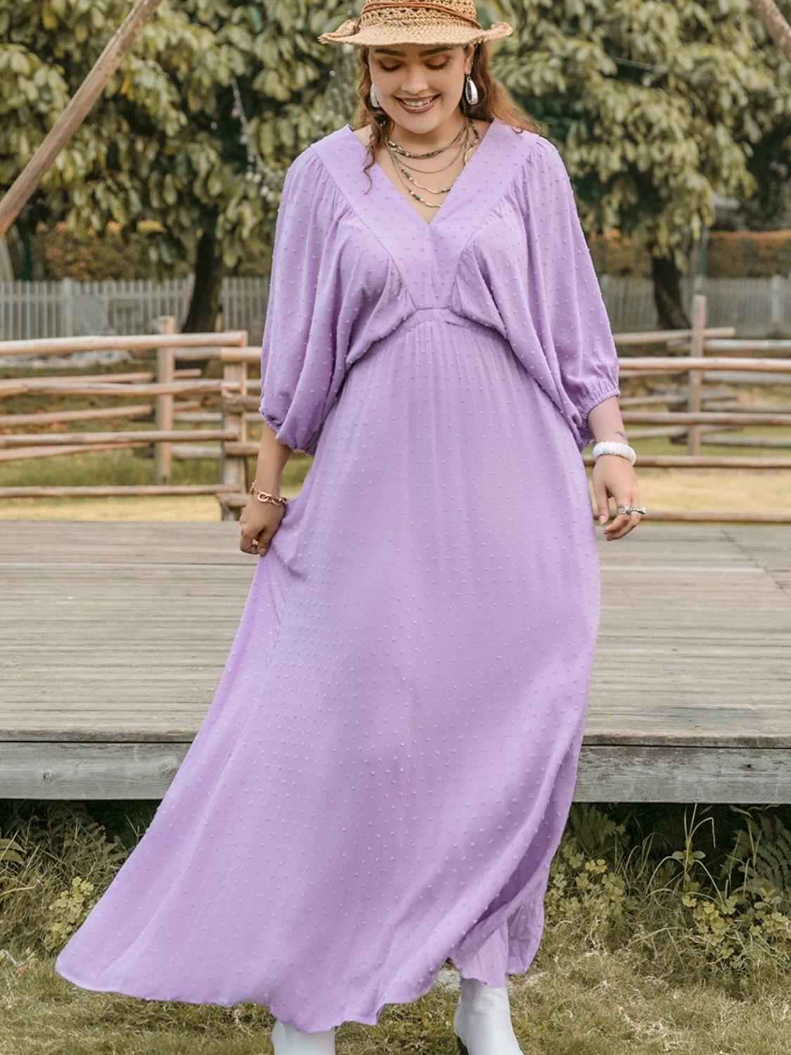 She Wears Glory™ “Silent Grace” Swiss Dot V-Neck Midi Dress - She Wears Glory Beverly Hills