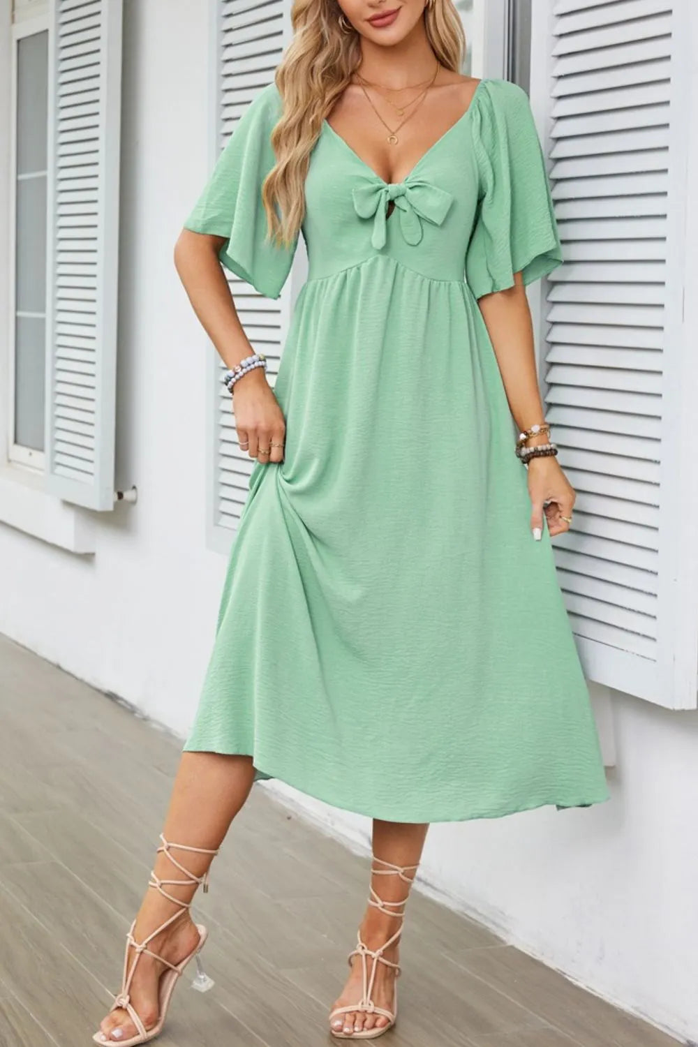 Smocked Tie Front Flutter Sleeve Midi Dress - She Wears Glory Beverly Hills