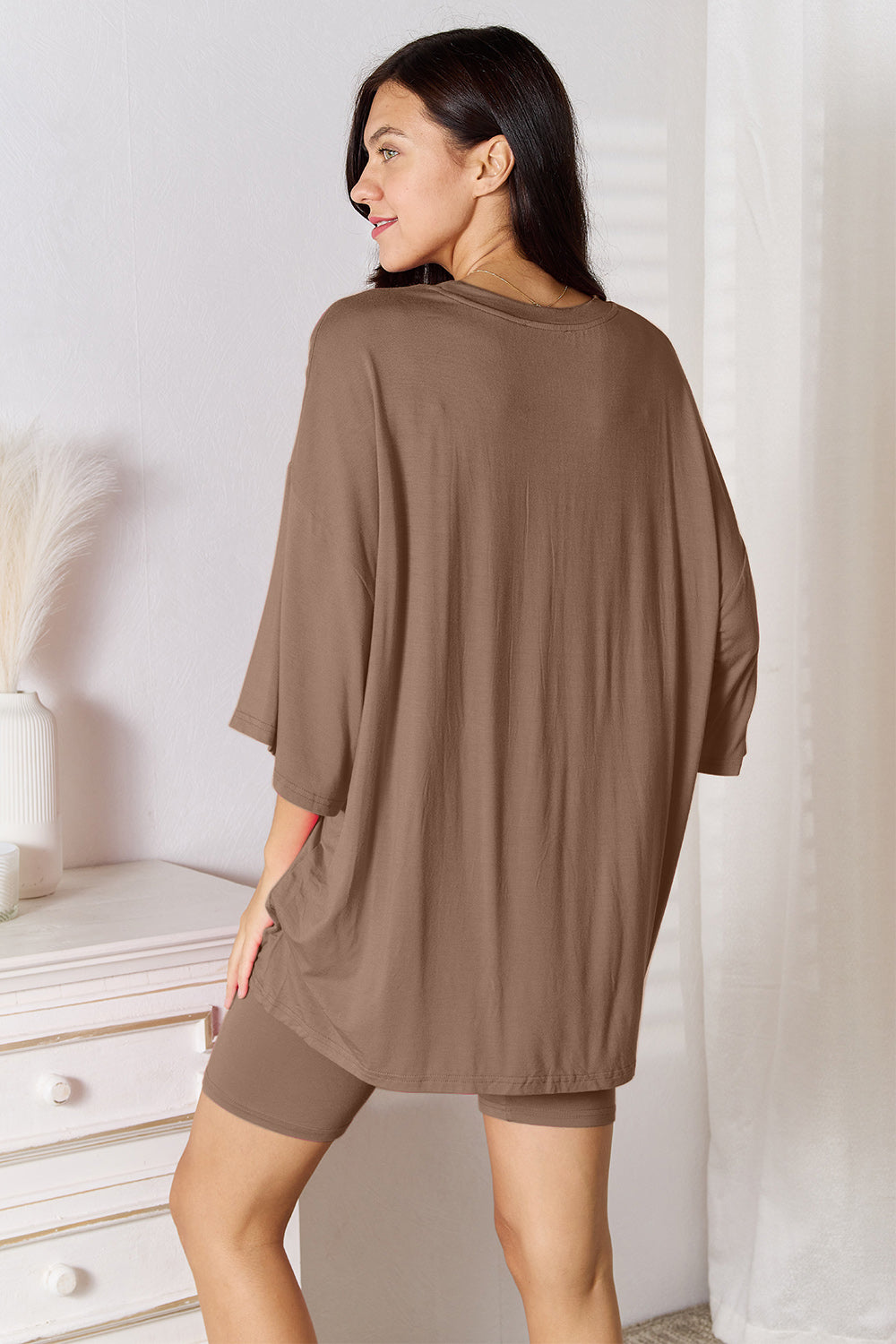 She Wears Glory™ Sacred Comfort Lounge Set Two-Piece Soft Rayon Three-Quarter Sleeve Top and Shorts Set - She Wears Glory Beverly Hills